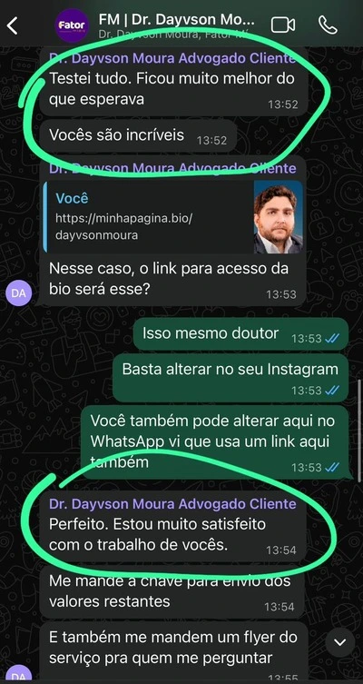 Depoimento de cliente no WhatsApp