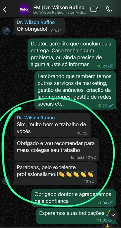 Depoimento de cliente no WhatsApp