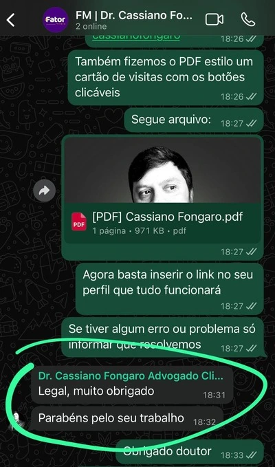Depoimento de cliente no WhatsApp